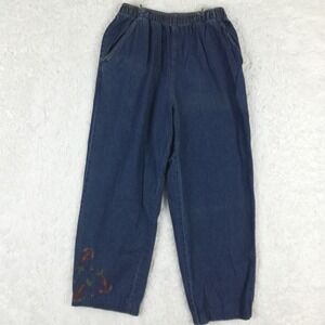 Erika Jeans Womans Straight Leg Blue Denim Embroidered Floral Elastic Petite PM